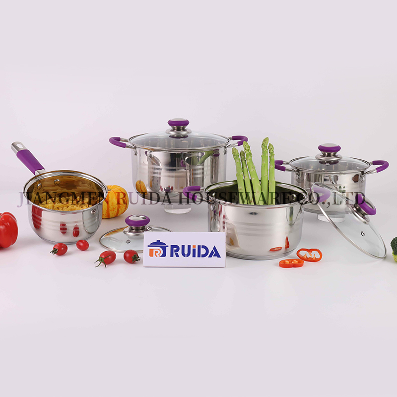 Kitchen Induction 8PCS Stainless Steel Cookware Kitchenware Set with Purple Silicone Handle