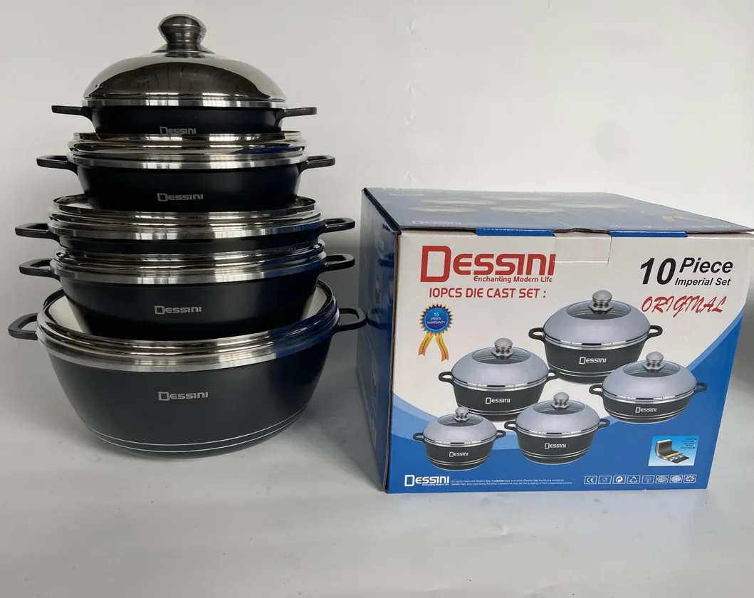 Hot Selling Die Cast Aluminum Non Stick Dessini 10 PCS Cookware Sets with 2 in 1 S/S Covers