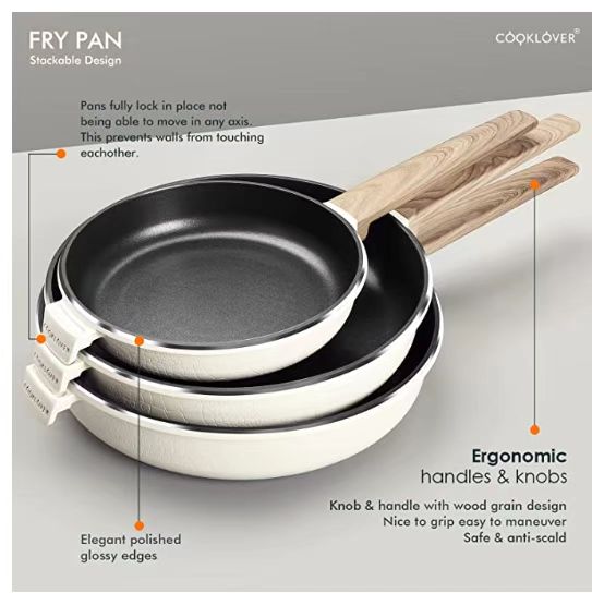 Cooklover Luxury Kalahari Series Fry Pan Cookware Set with Marble and Ceramic Coating Easy to Clean Stackable Space Saving