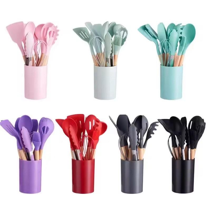 12 Pieces Silicone Kitchen Accessories Cooking Cookware Set Kitchenware Silicone Kitchen Utensils with Wooden Handles