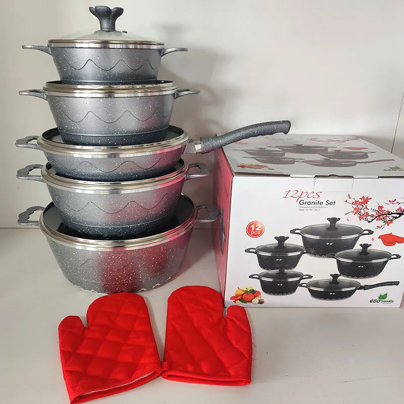12PCS Die Cast Granite Coated Nonstick Cooking Pot Aluminum Pan Granite Coated Cookware Sets