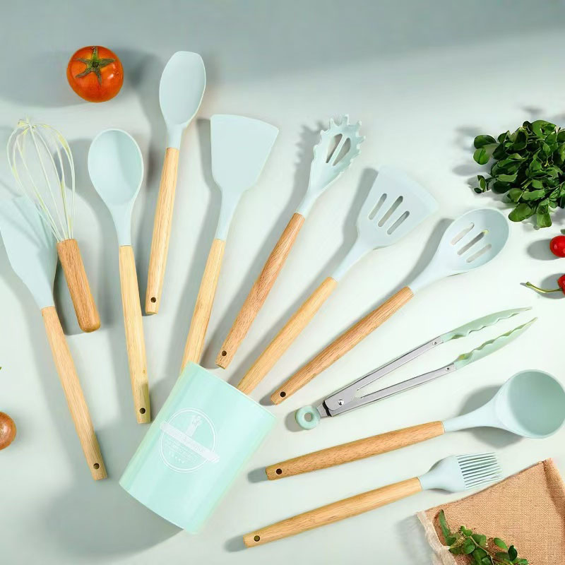 Hot Sale Custom 12 PCS Silicone Kitchen Set with Wooden Handle 12 PCS Utensils Spatula Cooking Tool Sets