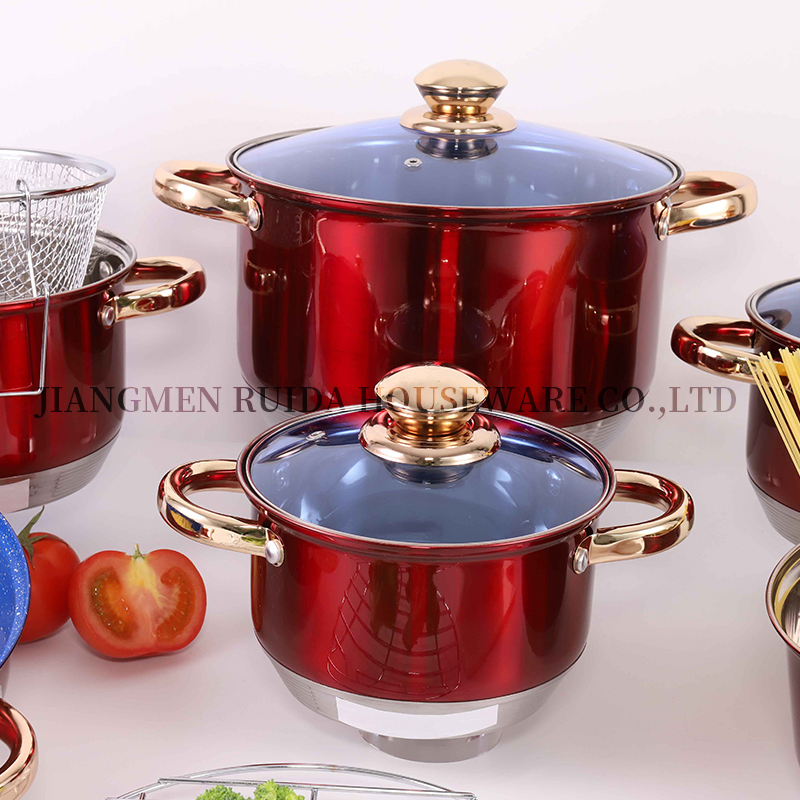 Red Mirror Polishing Copper Knob Blue Glass Lid Cookware Set