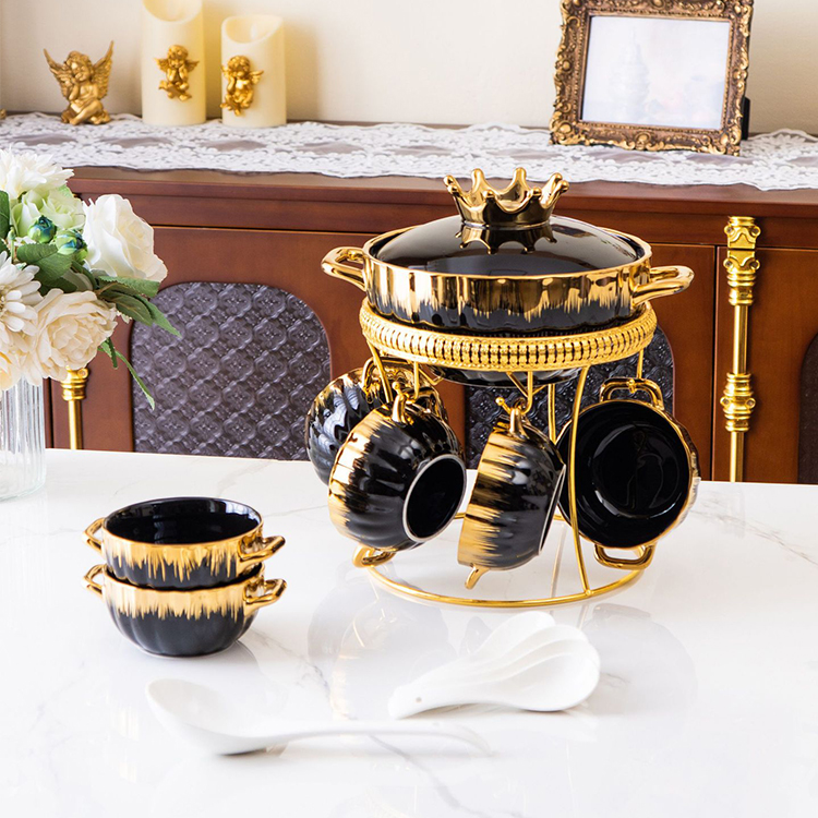 Luxury Gold Edge Green Pink White Black Dinnerware Set Porcelain Luxury Ceramic Tableware Soup Stock Pot and Bowl Set