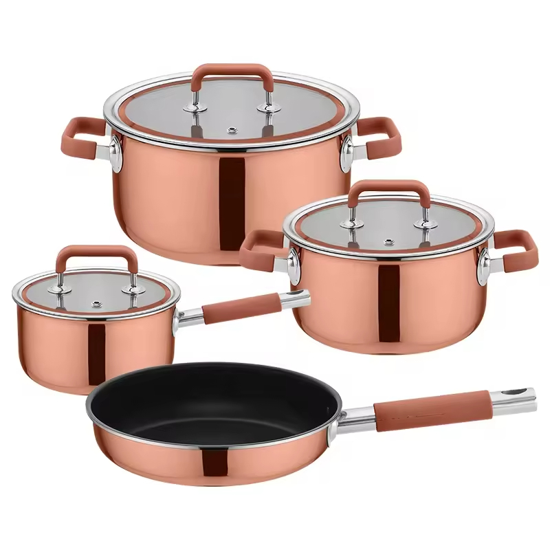 Luxury Design Copper Triply 304 Stainless Steel Cooking Pot Cookware Set with Silicone Handle
