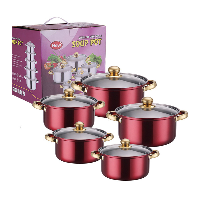 Factory Direct Sale Stainless Steel American High Pot Set 5 Piece Stockpot Kitchen Ware Cookware Set with Glass Lid
