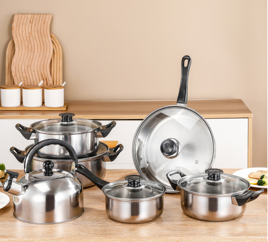 New Multi-Function 12-Piece Eco-Friendly Non-Stick Stainless Steel Cookware Set Glass Cover Includes Kettle Soup Pot Pans Pots