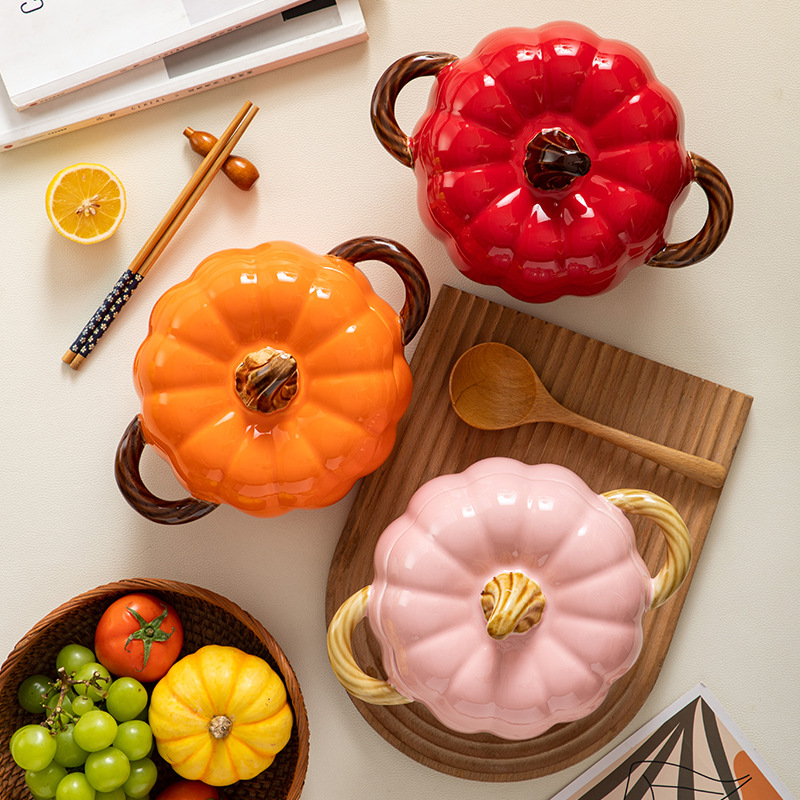 Modern Style Large Capacity Ceramic Soup &amp; Stock Pot with Lid Waterproof Tableware Pastoral Style Pumpkin Bowl Set for Home Use
