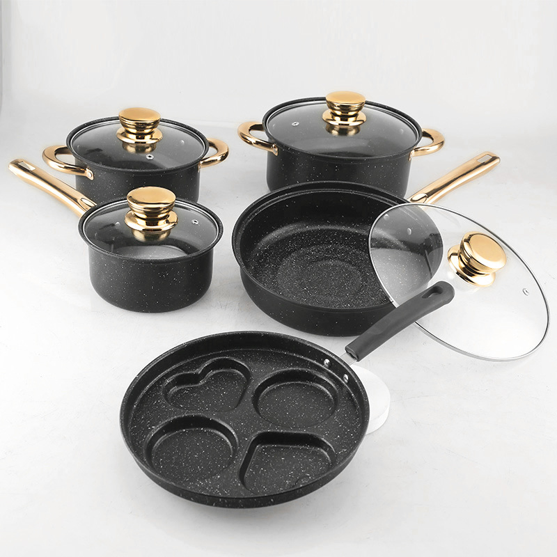 9PCS Ceramic Stone Cookware Set Wholesale Non-Stick Frying Pans with Golden Handles