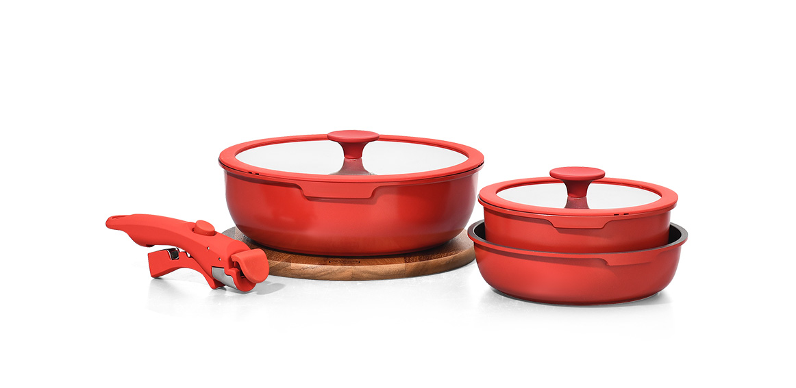 6-Piece Classic Red Granite Non-Stick Aluminum Cookware Set Eco-Friendly Glass/Silicone Lids Removable Handle Stackable