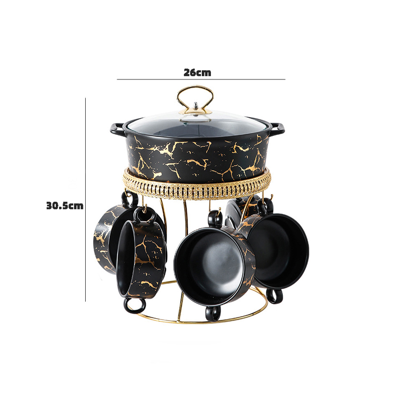 Black White and Marble Gold Soup Stock Pots with Small Bowls Service for 6 Dinnerware Set Stew Cookware Tureens with Lid