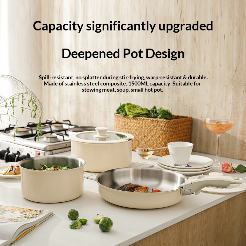 Wholesale Custom 6pcs Kitchen Cookware Set Multifunctional Removable Handle Stainless Steel Fry Pan Soup Pot Cookware Sets