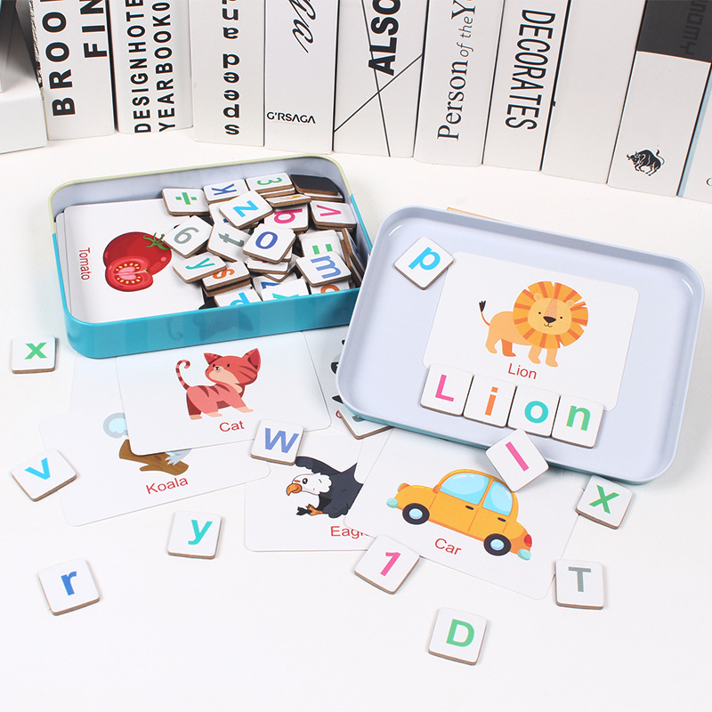 Magnetic Iron Box Word Puzzle Game Children Ages 4-6 Early Learning Alphabet Recognition Matching Spelling Wooden Toy