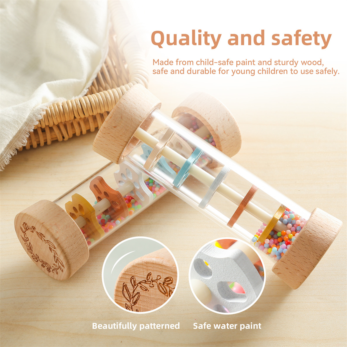 Montessori Sensory Toy Wooden Musical Instrument Simulation Early Education Small Rainbow Hourglass Baby Rattle Wooden Toy