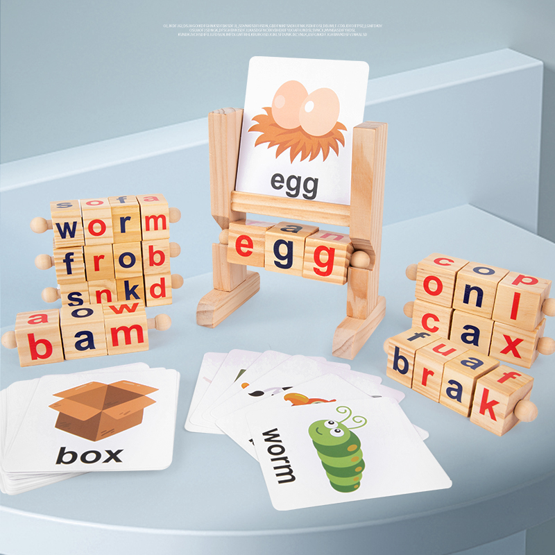Montessori Educational Toys Colorful Wooden Spinning Alphabet Short Vowel Rods Spelling Words Game for Preschool Boys Girls Ages