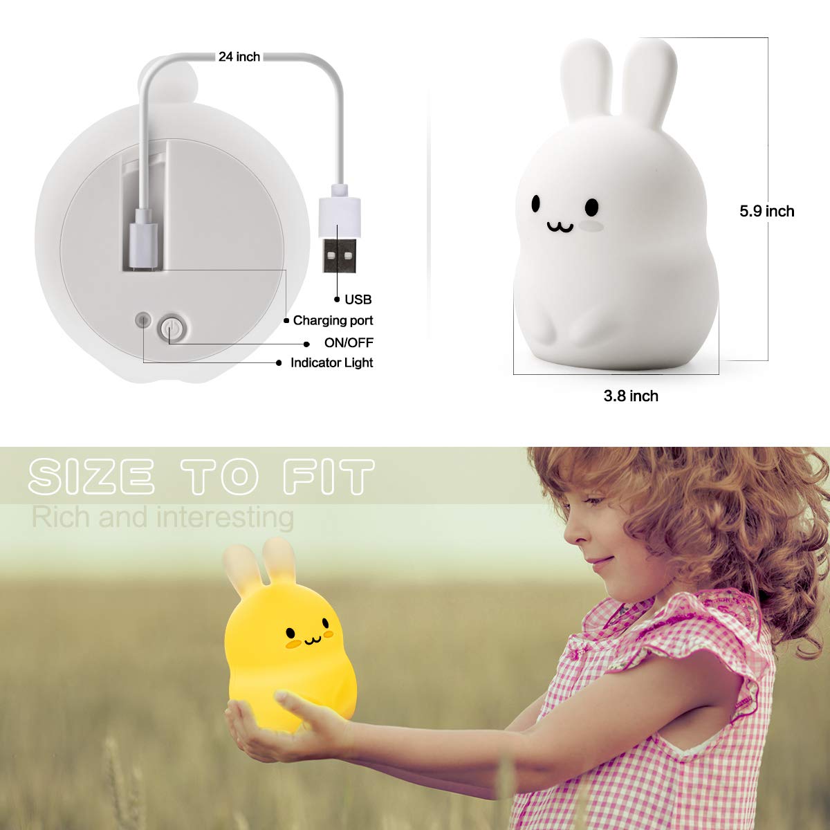 Cute White Silicone Bunny Rabbit Night Light Portable Tap Sensor Kids Room Decor Children Bedroom LED Night Light