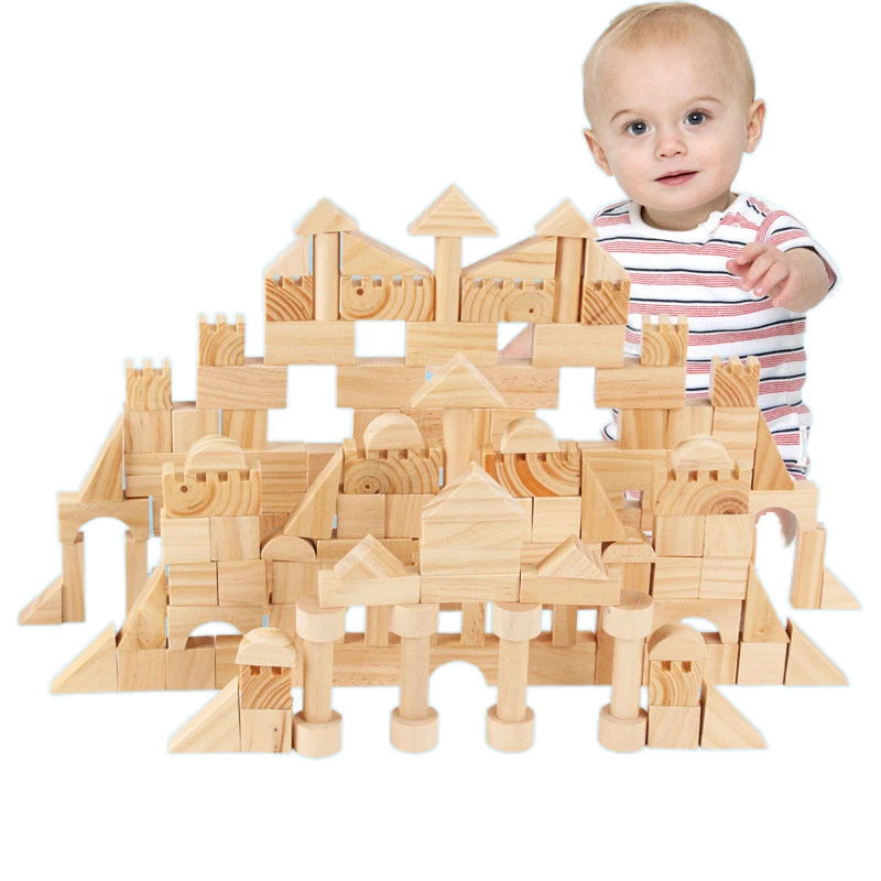 Children's Educational Construction Toy 162-Piece Natural Wood Color Building Blocks City Theme Shape Recognition 0-24 Months