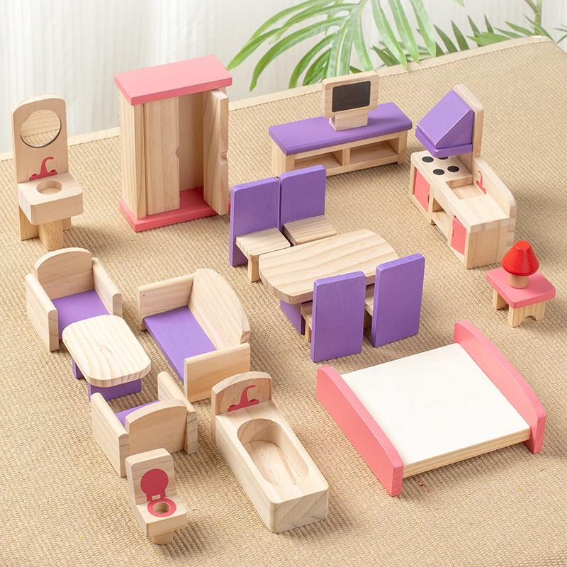 Baby Role Play Wooden Miniature Dollhouse Furniture Set Game Educational Pretend Doll House Accessories Gift Toys for Girls