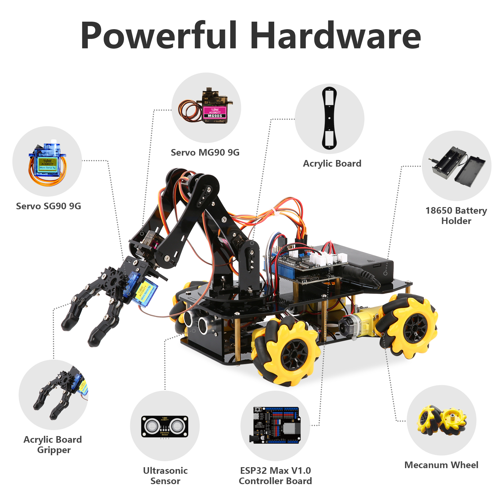 ACEBOTT ESP32 Robotic Arm Car DIY Kit Smart Remote Control Robot STEM Education Programming Coding Learning Toy for Arduino