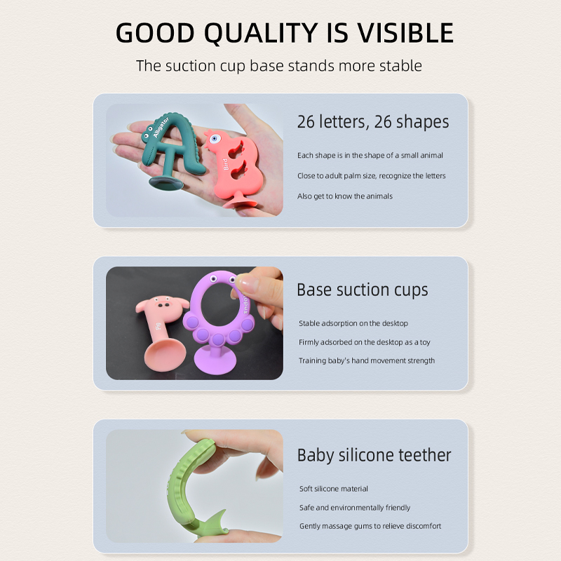 Wholesale BPA Free 26 Letters Chewable Teething Toy Word Game Educational Toys Mordedores Gift Set Baby Teether Silicone Teether