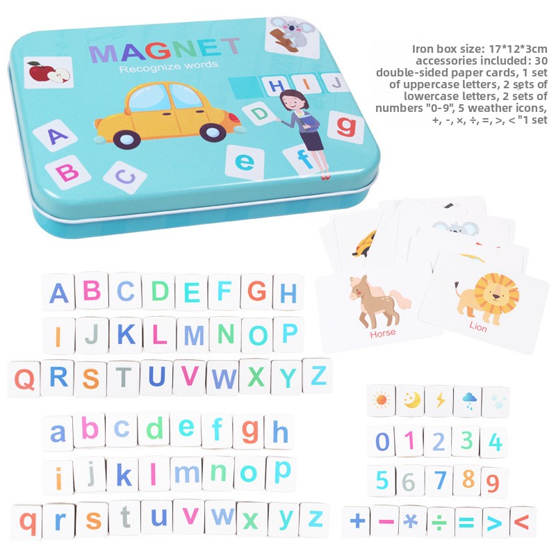 Magnetic Iron Box Word Puzzle Game Children Ages 4-6 Early Learning Alphabet Recognition Matching Spelling Wooden Toy