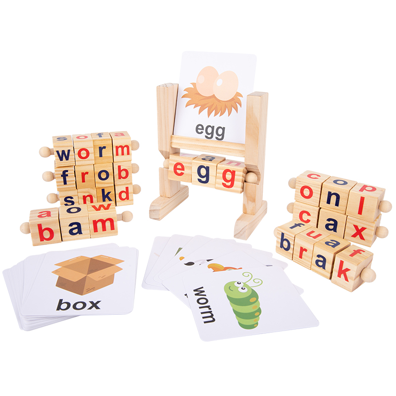 Montessori Educational Toys Colorful Wooden Spinning Alphabet Short Vowel Rods Spelling Words Game for Preschool Boys Girls Ages