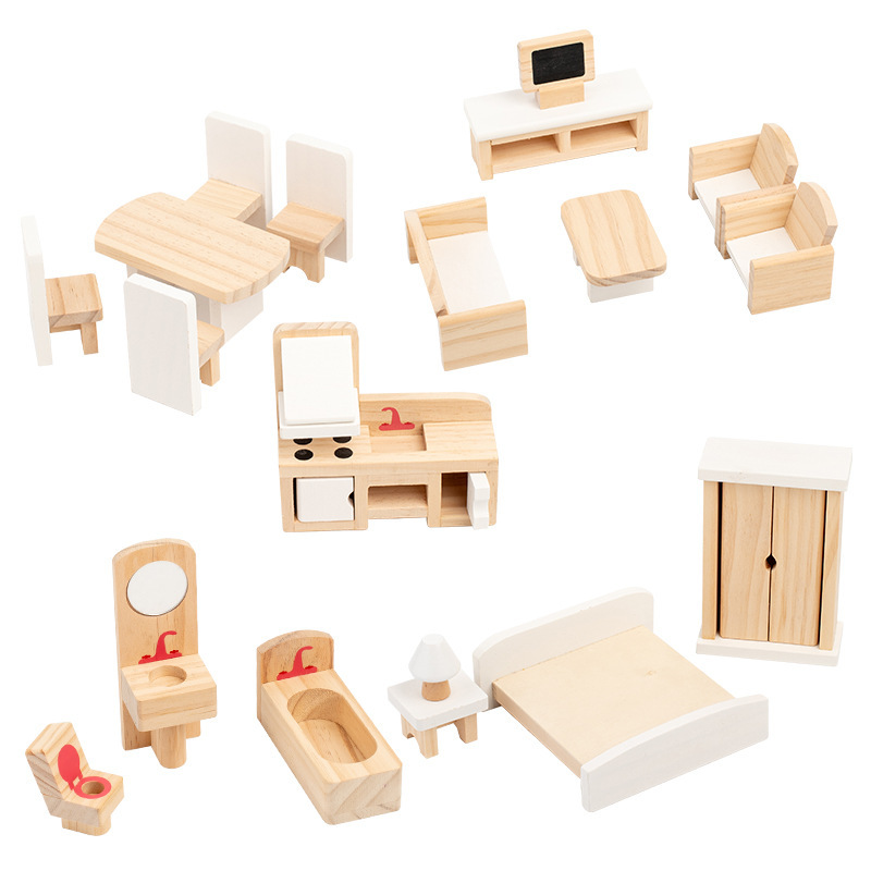 Baby Role Play Wooden Miniature Dollhouse Furniture Set Game Educational Pretend Doll House Accessories Gift Toys for Girls