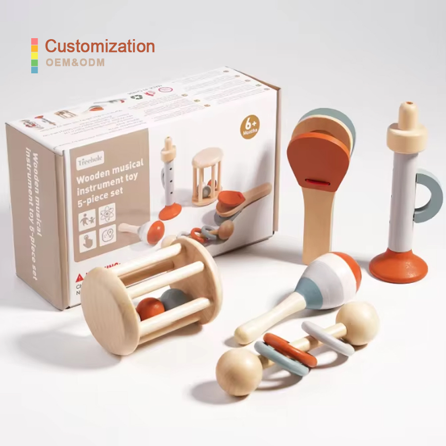 5-Piece Montessori Infant Wooden Baby Musical Instrument Set Game Educational Baby Sensory Rattle Music Toys for Children
