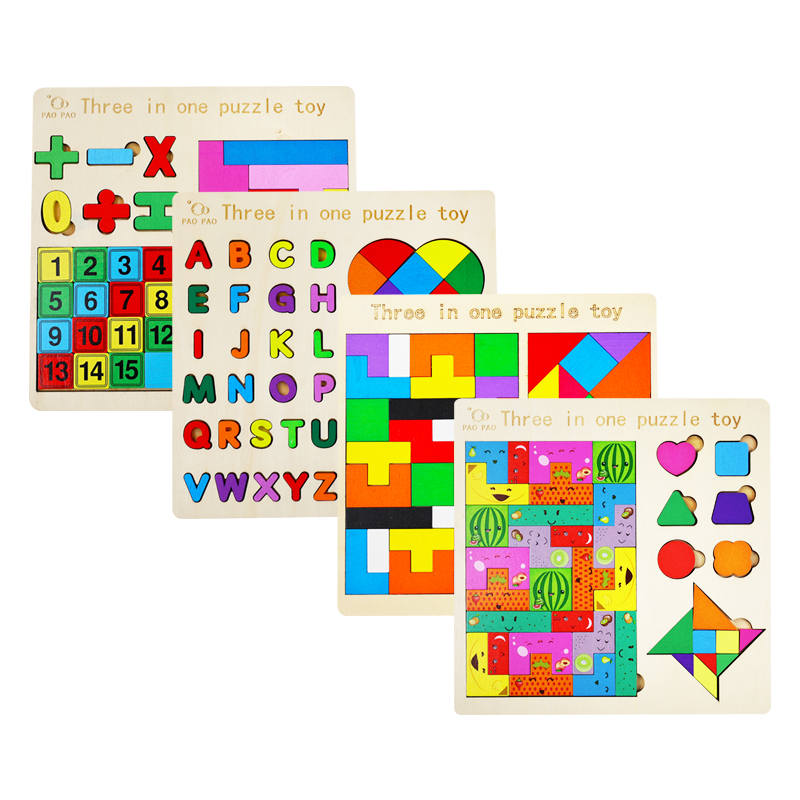 Wooden 3 In 1 Jigsaw Puzzles DIY Building Blocks Cognitive Games Montessori Educational Learning Toys For Kids Boys Girls
