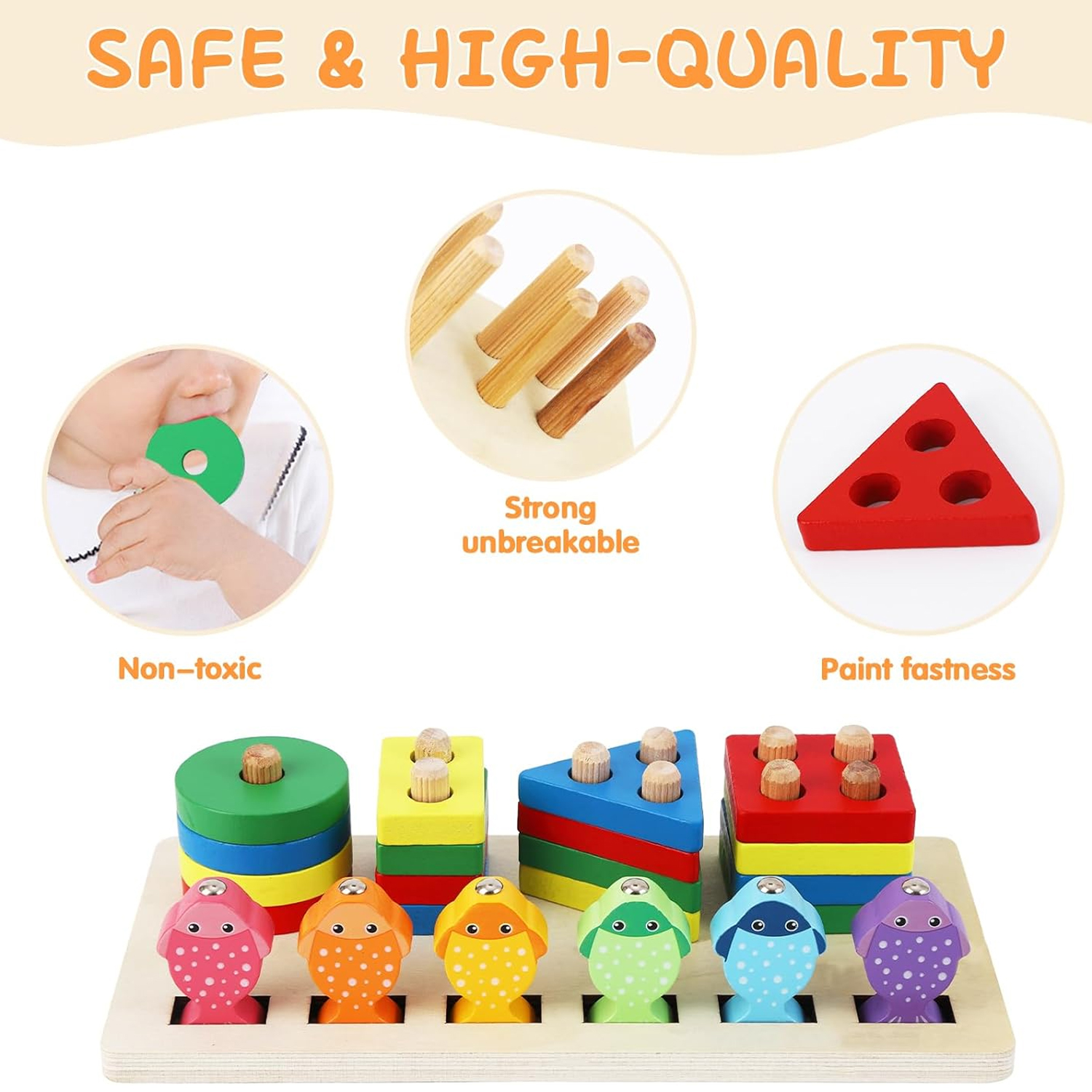 Montessori Toys for Toddler Wooden Blocks Sorting Stacking Preschool Early Learning Toys Color Recognition Shape Sorter Puzzles