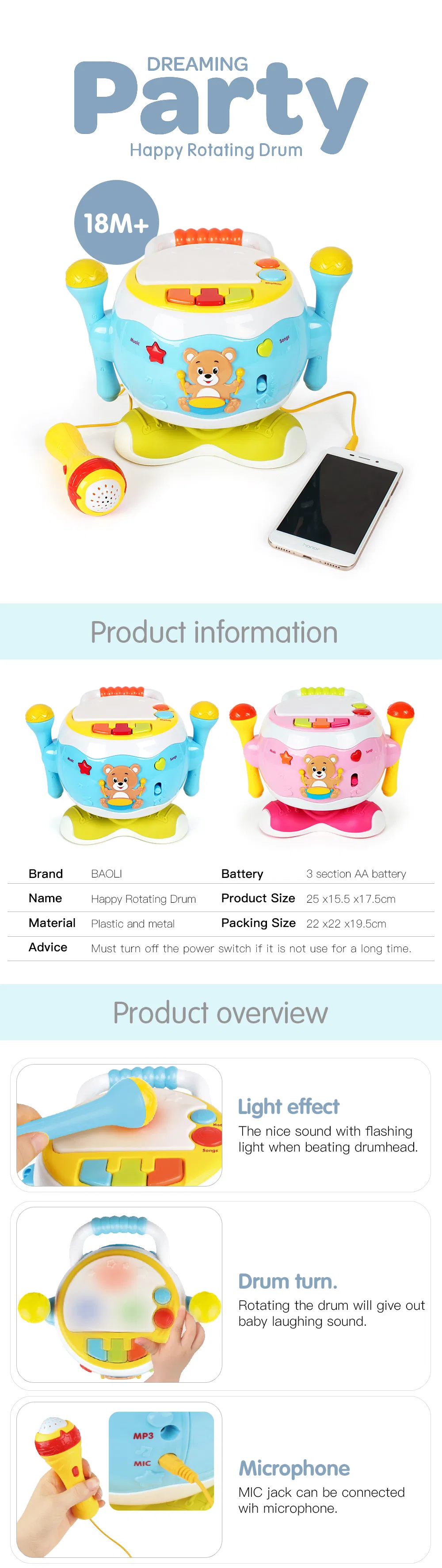 Baoli Interactive Kids Drum Toy with Microphone and Flashing Lights, Musical Learning Toy with MP3 Connection for Toddlers