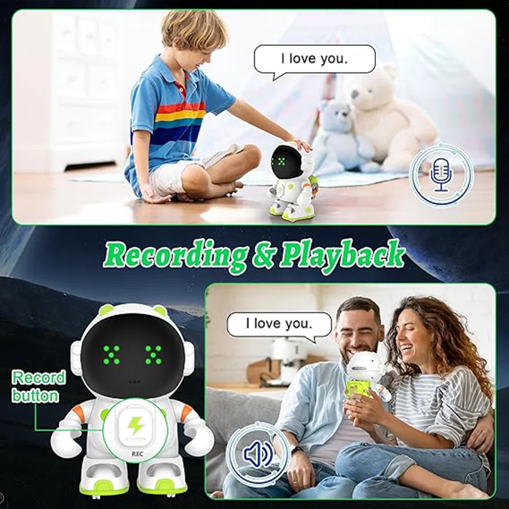 At100 Smart Robot Toy with Interactive Voice Control, Touch Sensors, and Recording Function for Kids – Fun Astronaut Toy for Learning and Play