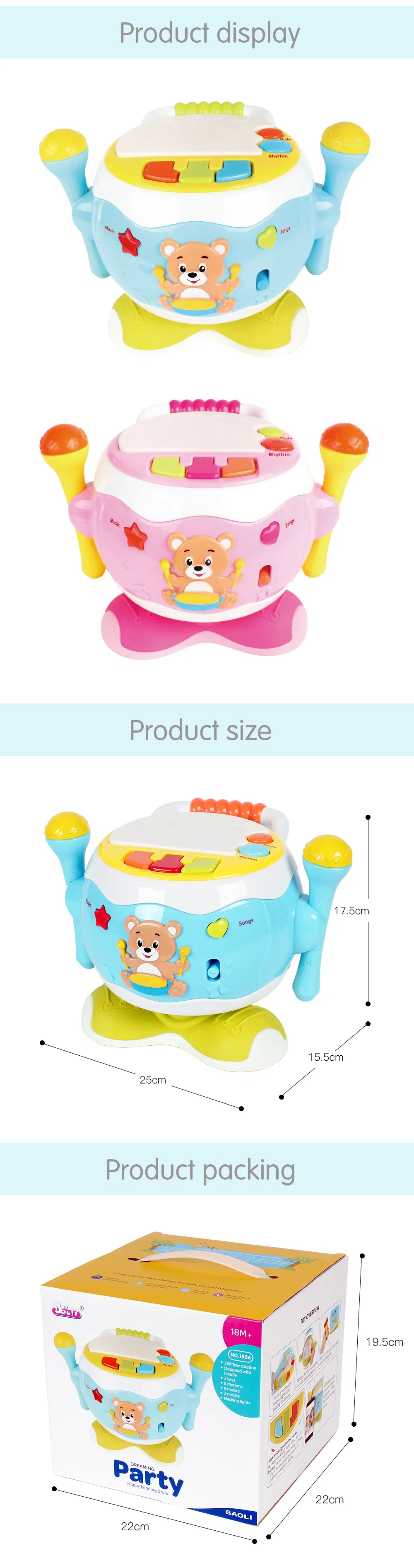 Baoli Interactive Kids Drum Toy with Microphone and Flashing Lights, Musical Learning Toy with MP3 Connection for Toddlers