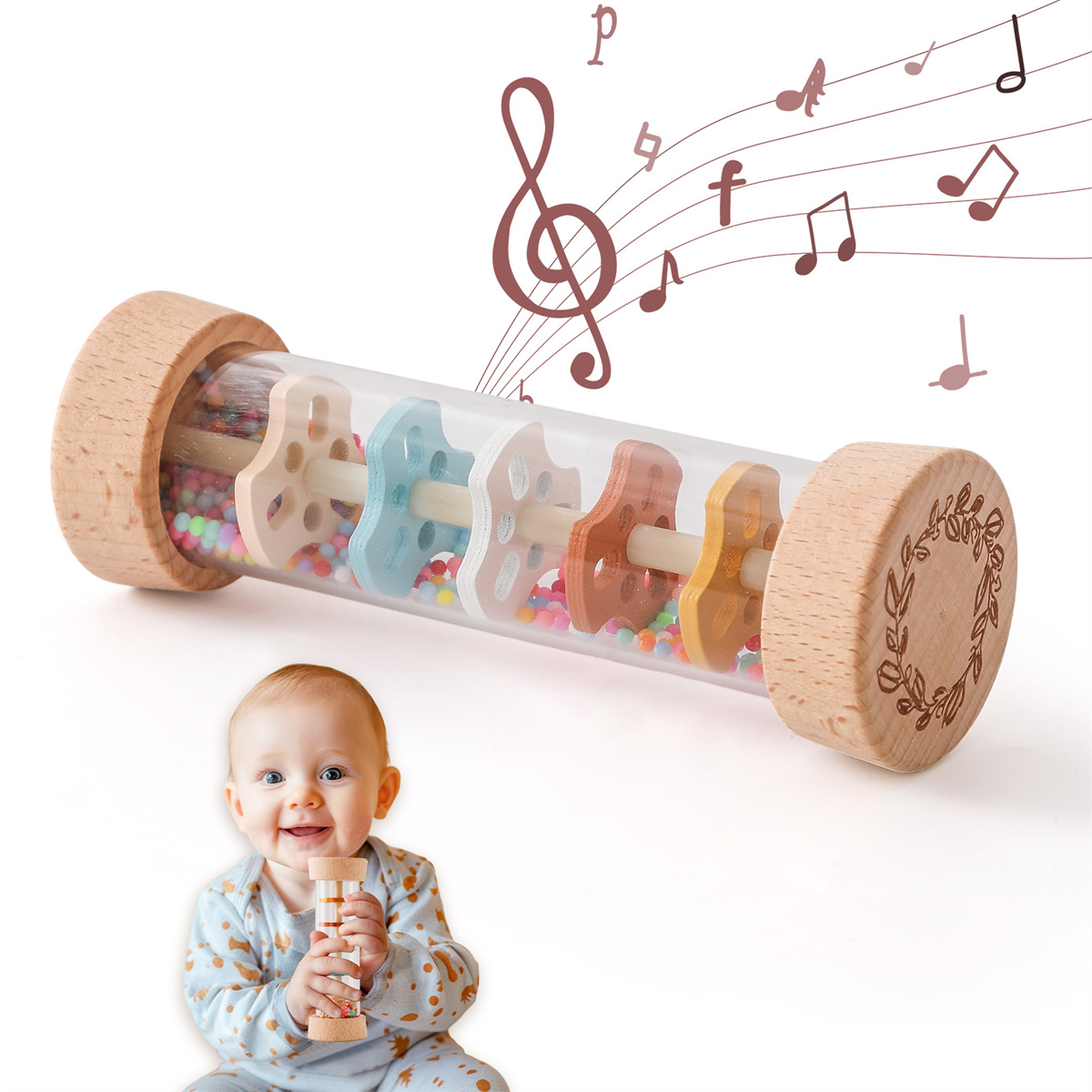 Montessori Sensory Toy Wooden Musical Instrument Simulation Early Education Small Rainbow Hourglass Baby Rattle Wooden Toy