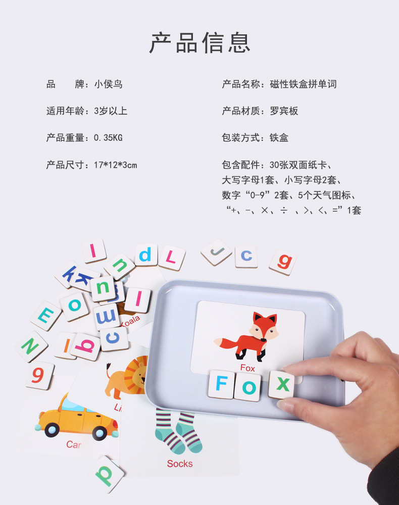 Magnetic Iron Box Word Puzzle Game Children Ages 4-6 Early Learning Alphabet Recognition Matching Spelling Wooden Toy