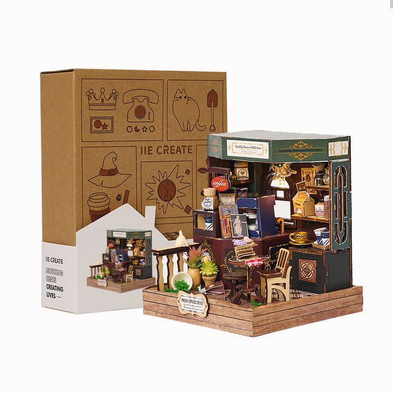 IIECREATE DIY 3D Wooden Puzzle Toy Handmade 3D Puzzle Miniature House Kit Doll House With Mini Wood Toy Set With LED Light