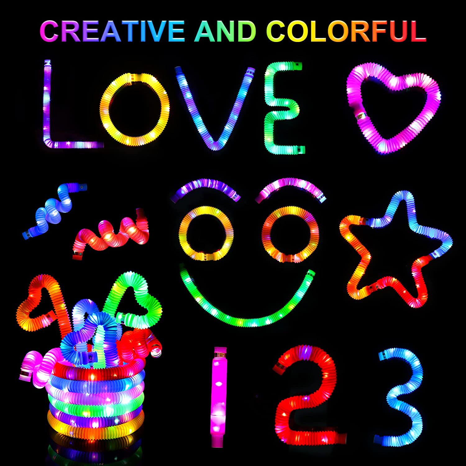 LED Light up Pop Tubes Sensory Toys Glow Sticks Fine Motor Skills &amp; Learning Toys Party Favors Decorations Pull and Stretch Toys