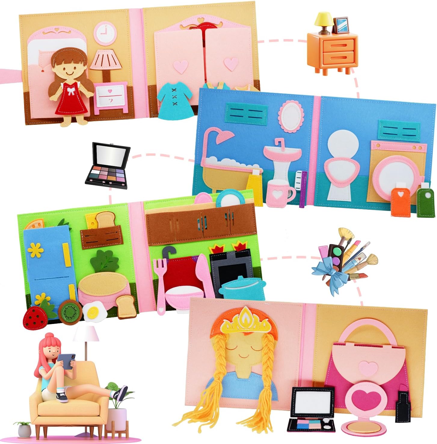 Montessori Toys Practical Non-Woven Fabric Book Pink House Role-Playing Activity Book Educational Book for Toddlers