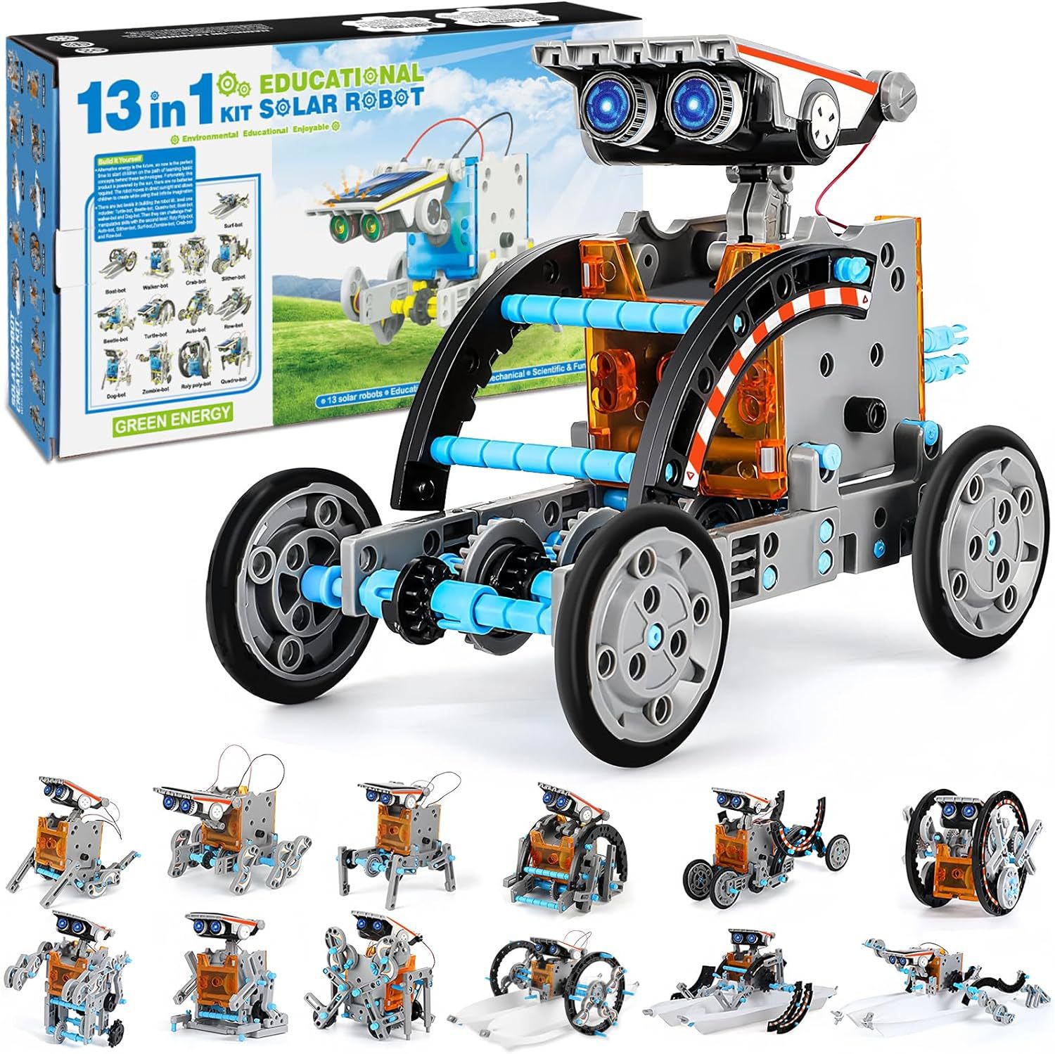 STEM 13-in-1 Educational Solar Robot Kit DIY Science Experiment Building Toys Green Energy Robotics for Kids 7-14