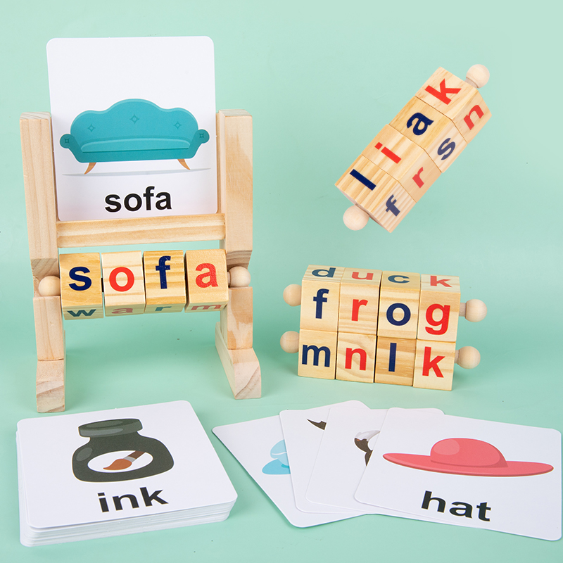Montessori Educational Toys Colorful Wooden Spinning Alphabet Short Vowel Rods Spelling Words Game for Preschool Boys Girls Ages