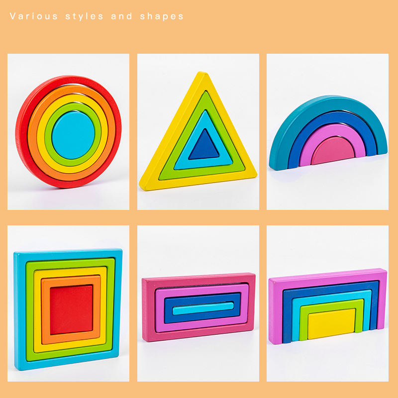 Wooden rainbow Building Blocks Children's Color and Shape Cognition Assembly Folding Music Early Education Educational Toys