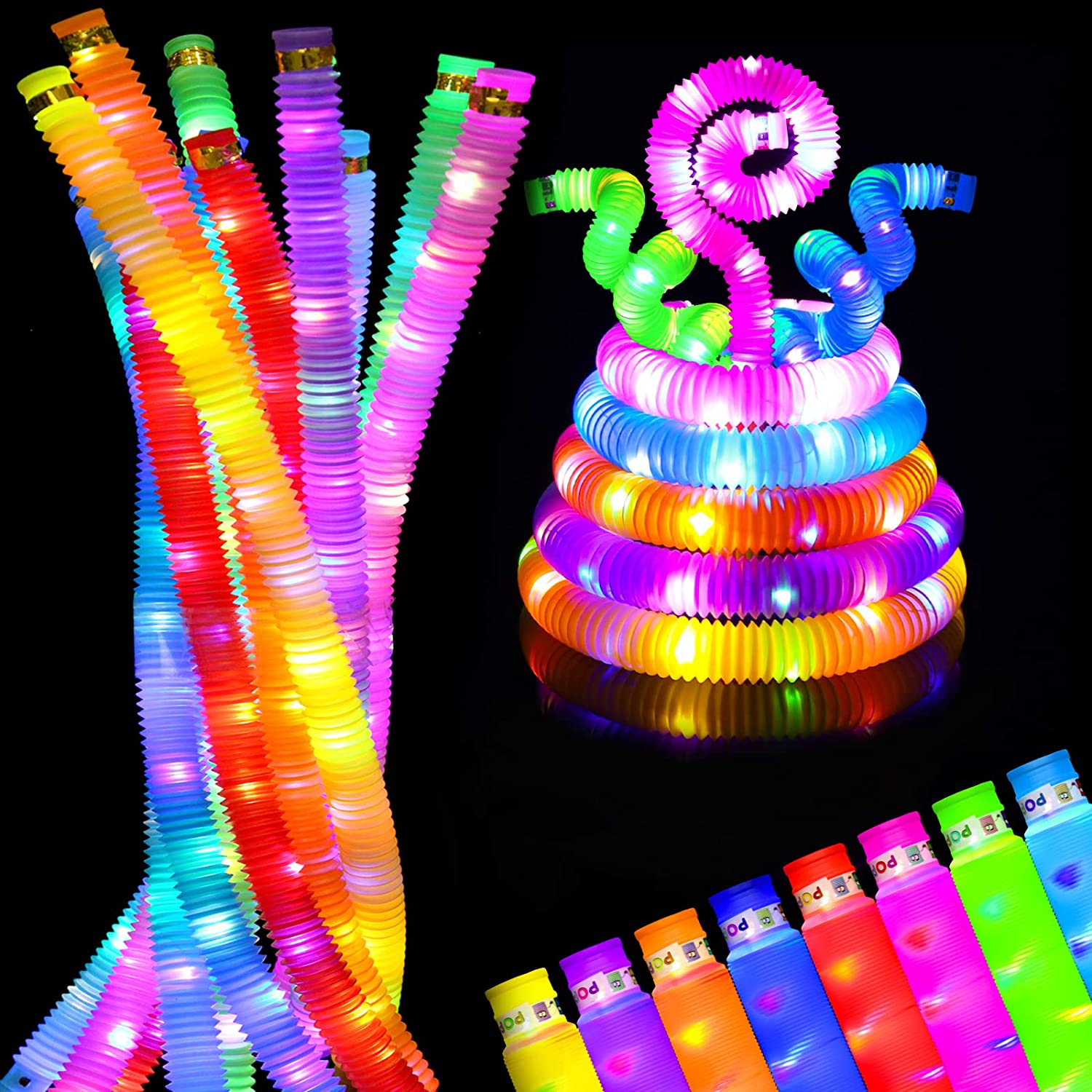 LED Light up Pop Tubes Sensory Toys Glow Sticks Fine Motor Skills &amp; Learning Toys Party Favors Decorations Pull and Stretch Toys
