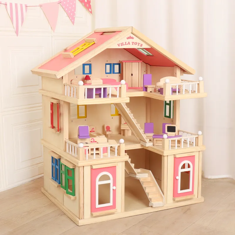 Play Dollhouse Wood Doll House Child House Kids Educational Gift Baby Montessori