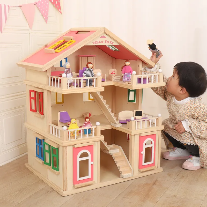 Play Dollhouse Wood Doll House Child House Kids Educational Gift Baby Montessori