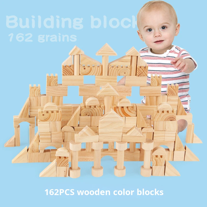 Children's Educational Construction Toy 162-Piece Natural Wood Color Building Blocks City Theme Shape Recognition 0-24 Months