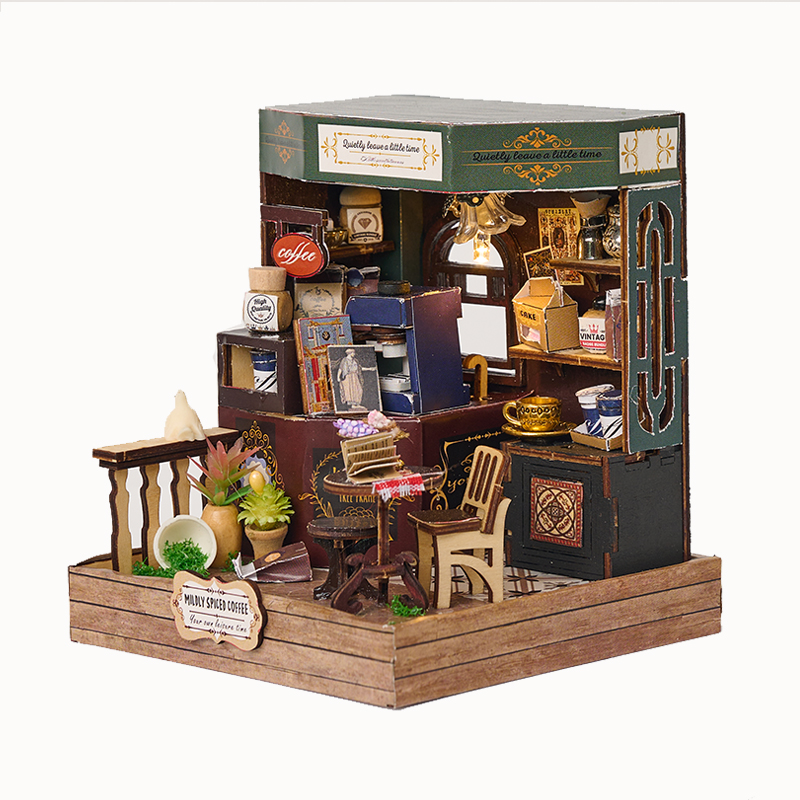IIECREATE DIY 3D Wooden Puzzle Toy Handmade 3D Puzzle Miniature House Kit Doll House With Mini Wood Toy Set With LED Light