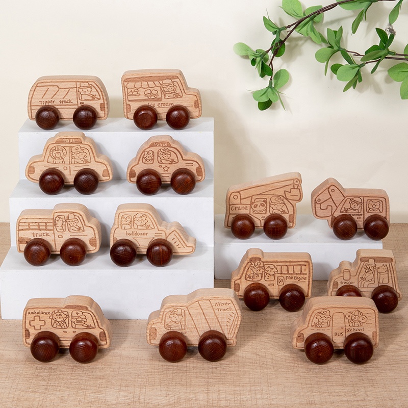 Montessori Wooden Toy Car, Wooden Vehicles For Toddlers 1-3, Fine Motor Skills Educational Toy, Mini Wooden Trucks Play Vehicles