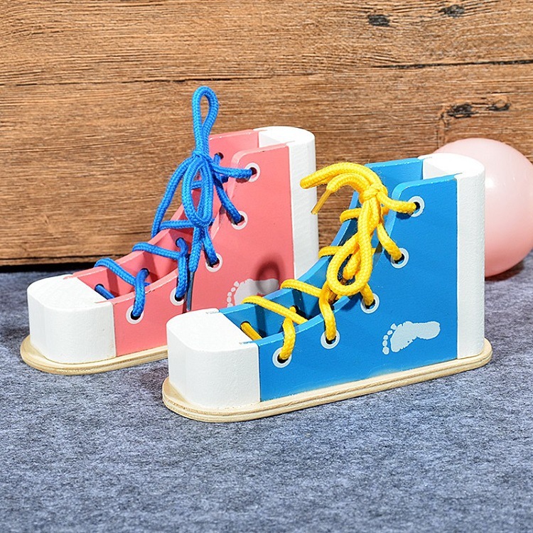 Wholesale Wooden Shoe Lacing Game Toy Montessori Education Teaching Aids Wooden Simulation Shoe Lacing Game for Kids' Gift
