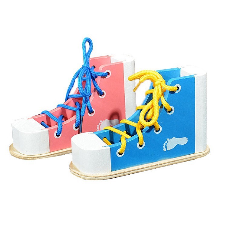 Wholesale Wooden Shoe Lacing Game Toy Montessori Education Teaching Aids Wooden Simulation Shoe Lacing Game for Kids' Gift