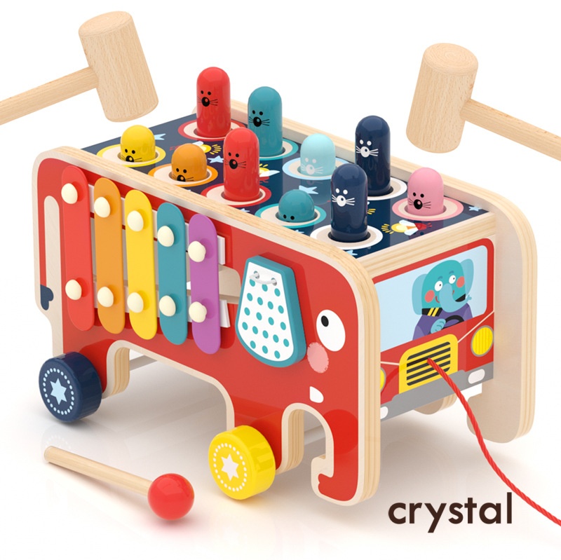 Crystal Wooden Educational Toys for Early Childhood-Elephants Drag Beat Gophers Knocking Matching Game Ages 3+ Unisex